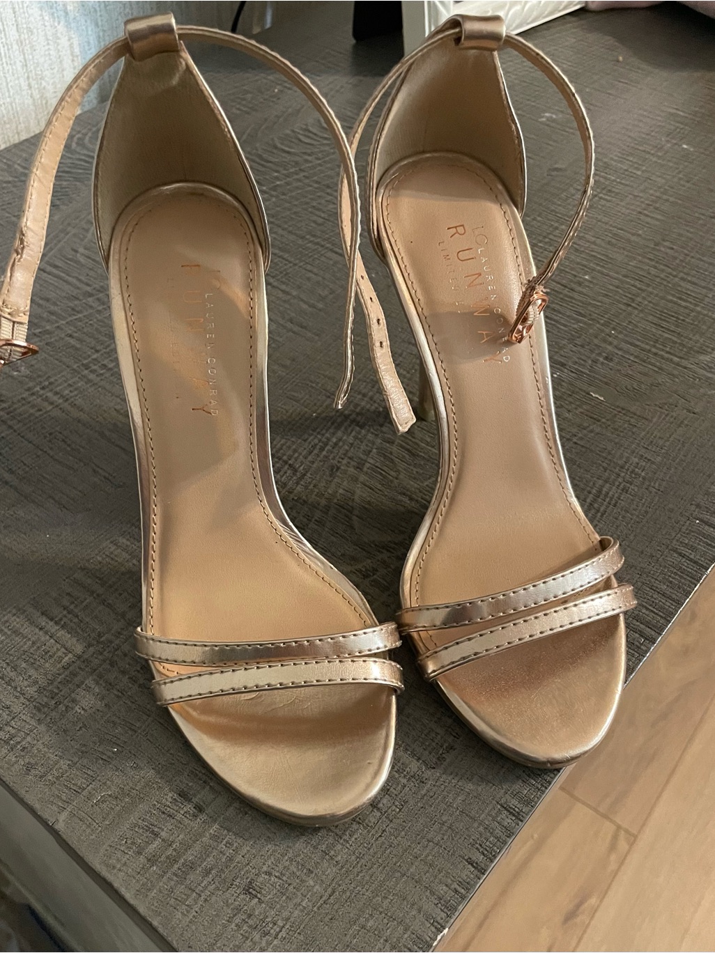Lc Lauren Conrad Metallic Rose Gold Strappy Ankle-Heel Sandals